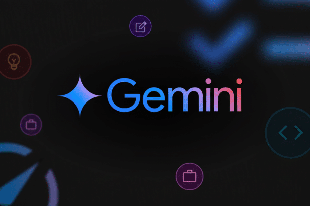The Gemini logo, a stylized four -pointed star transitioning from blue to purple , next to the word Gemini in a gradient font, against a dark background with blurred, glowing icons representing various functions like a lightbulb, a check mark, a briefcase , and a code bracket .