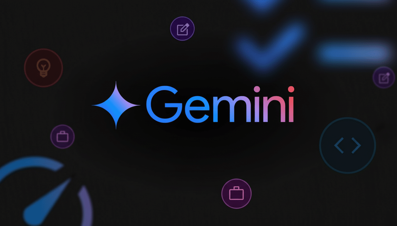 The Gemini logo, a stylized four -pointed star transitioning from blue to purple , next to the word Gemini in a gradient font, against a dark background with blurred, glowing icons representing various functions like a lightbulb, a check mark, a briefcase , and a code bracket .