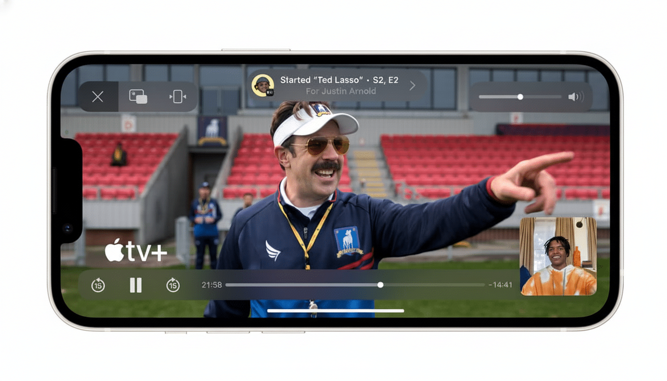 An iPhone displaying a 1 6:9 aspect ratio video of Ted Lasso on Apple TV+, with a small picture - in-picture video call overlay and controls .