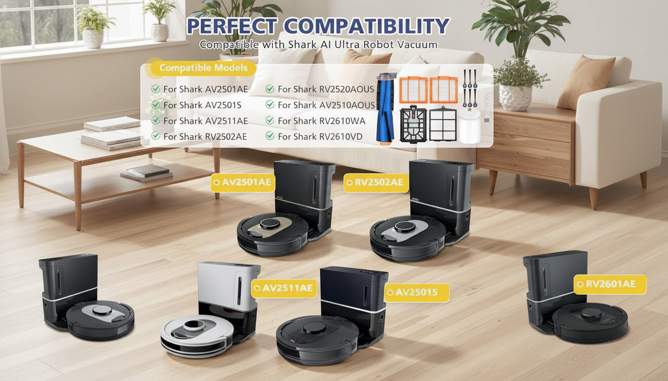 An image showcasing various Shark AI Ultra Robot Vacuum models and their compatible accessories, set in a living room environment with a neutral color scheme. Filename : sharkai robot vacuumcompatibility .png