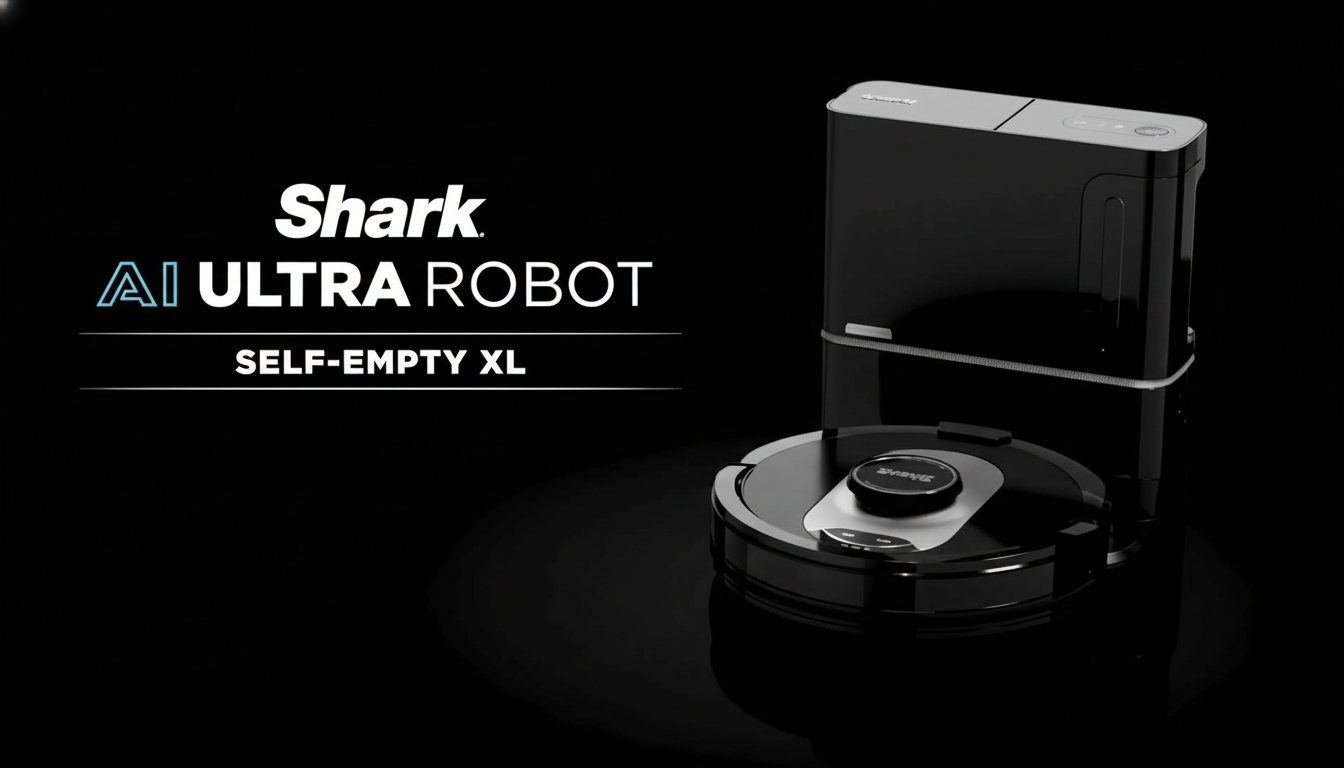 A professional image of the Shark AI Ultra Robot Self- Empty XL, a black robotic vacuum cleaner with a self -empt ying base, displayed against a dark background with subtle reflections .