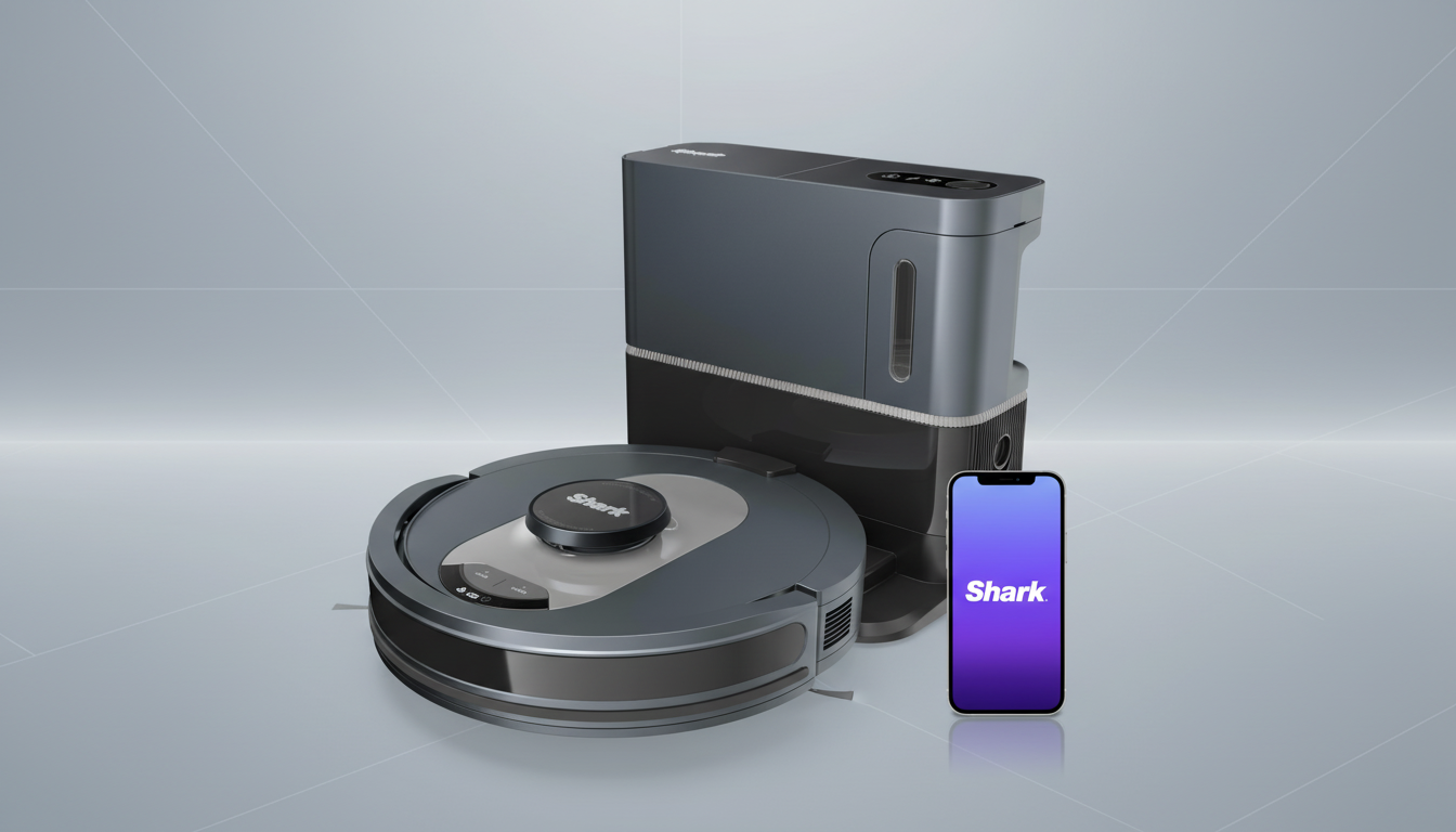 A Shark robot vacuum cleaner and its self-emptying base station, with a smartphone displaying the Shark app, set against a professional flat gray background with subtle geometric patterns.