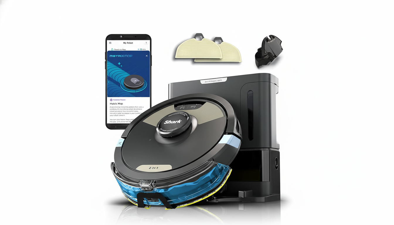 A Shark Matrix Robot Vacuum and Mop with its charging dock, two replacement filters, and a smartphone displaying the companion app, all presented on a clean white background.
