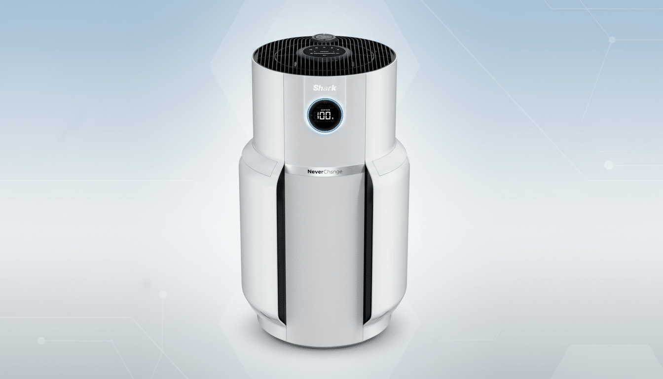 A white Shark air purifier with a digital display showing 1 00% clean air, presented on a subtle light blue gradient background with geometric patterns , resized to a 1 6:9 aspect ratio. Filename : sharkair purifier 169 enhanced .png