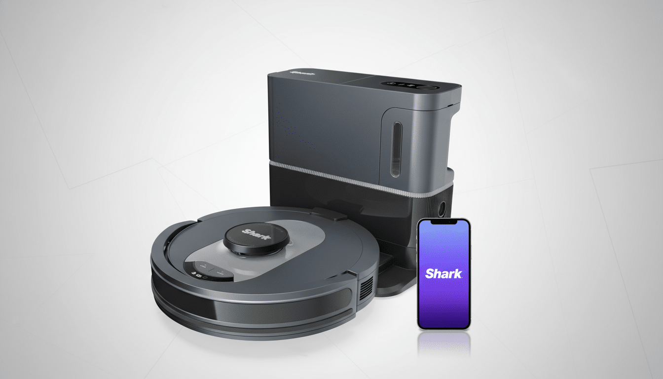 A Shark brand robot vacuum, its charging station, and a smartphone displaying the Shark logo on a purple screen are arranged on a professional light gray background with subtle geometric patterns .