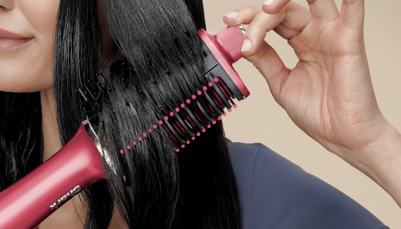 A person with dark hair using a pink and black hair styling brush, held by their right hand, against a neutral background.