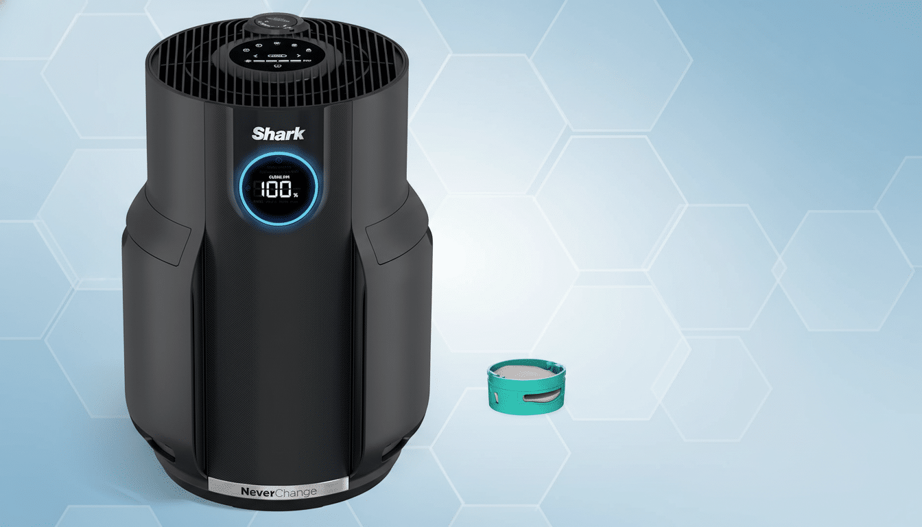 A black Shark air purifier displaying CLE AN AIR 1 00% on its screen, positioned next to a small teal and white filter component , against a professional light blue background with a subtle hexagonal pattern.
