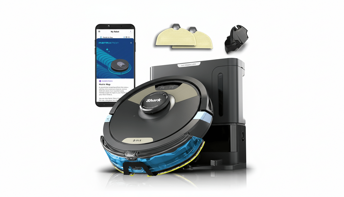Shark Matrix Robot Vacuum and M op with an accompanying app screen and accessories , resized to a 16: 9 aspect ratio.