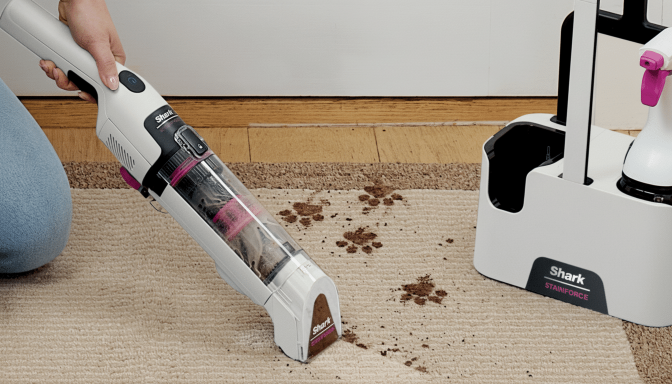 A person using a Shark Stain Force portable carpet cleaner to clean dirt stains from a light - colored carpet.