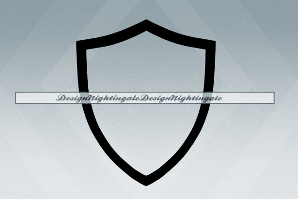A black shield outline logo with 'DesignN ightingale' watermark , set against a professional grey background with a subtle geometric pattern .