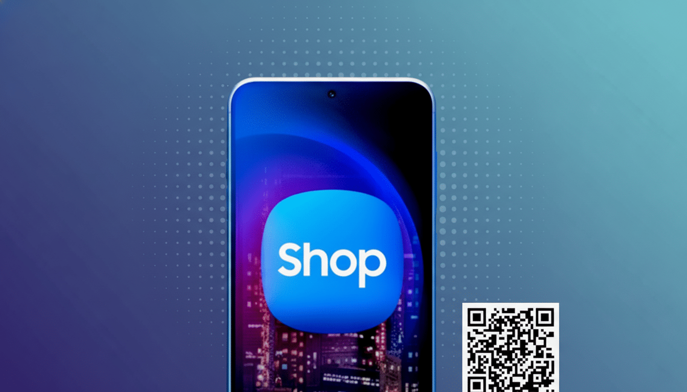 A smartphone displaying the Shop app icon is centered against a professional flat design background with a blue -to-teal gradient and subtle dot patterns. A QR code is visible in the bottom right .