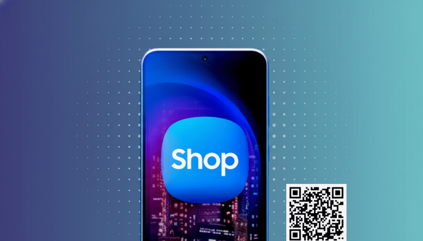 A smartphone displaying the Shop app icon with a QR code, set against a professional background with soft patterns and a blue -to-teal gradient. Filename : shopapp qrcode professional .png