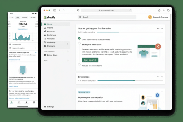 A professional screen capture of the Shopify dashboard , displaying a tablet and a mobile phone interface with sales data and setup tips .