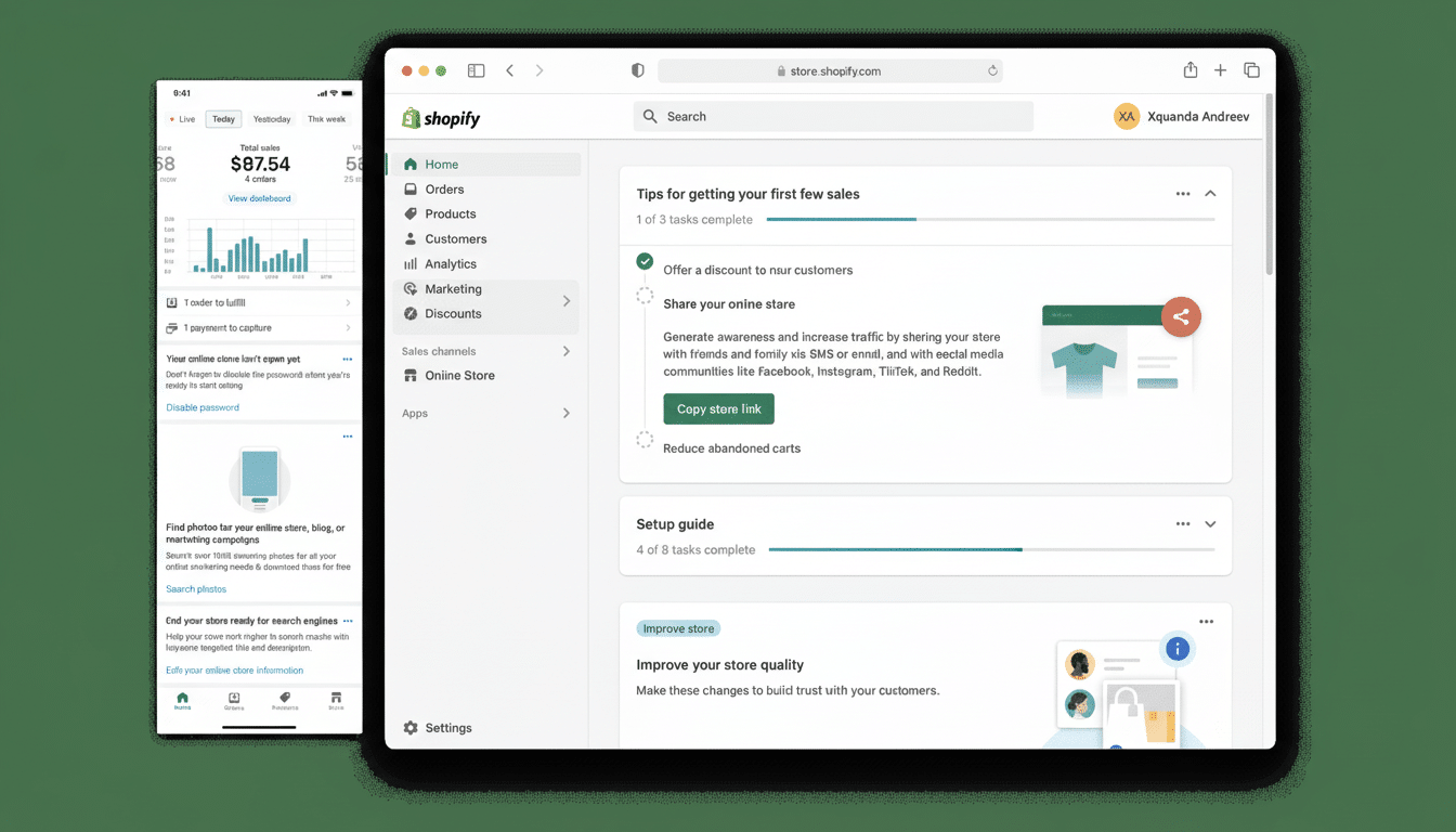 A professional screen capture of the Shopify dashboard , displaying a tablet and a mobile phone interface with sales data and setup tips .