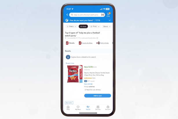 A mobile phone displaying a shopping app interface with a search for help me plan a football watch party . The screen shows results for snacks and chips, specifically highlighting Dor itos Nacho Cheese Tortilla Snacks .