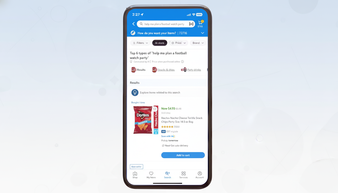 A mobile phone displaying a shopping app interface with a search for help me plan a football watch party . The screen shows results for snacks and chips, specifically highlighting Dor itos Nacho Cheese Tortilla Snacks .