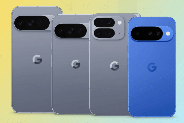 A row of four Google Pixel phones, with three grey models and one blue model, all featuring the Google G logo on their backs, presented on a subtle ye