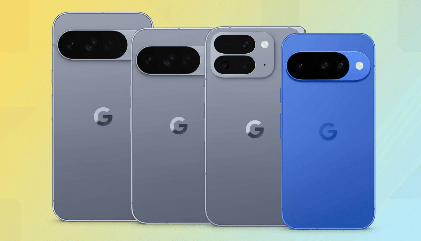 A row of four Google Pixel phones, with three grey models and one blue model, all featuring the Google G logo on their backs, presented on a subtle ye