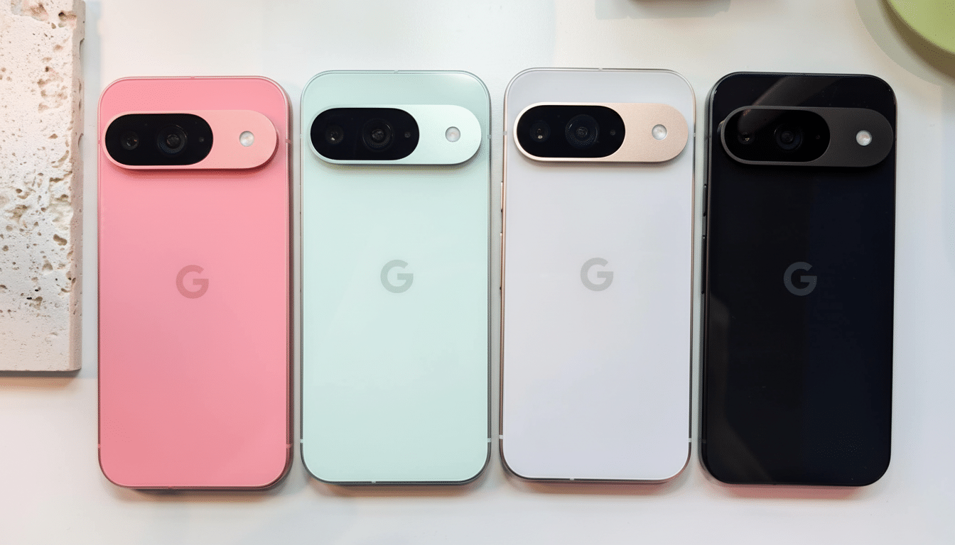 All t Text: Four Google Pixel phones in pink, green, white, and black, aligned horizontally with th