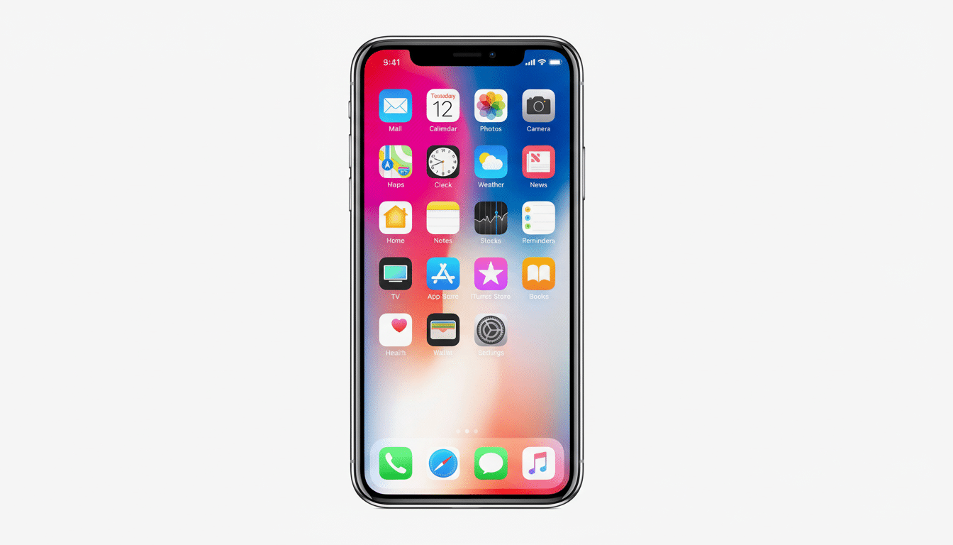 An iPhone X displaying its home screen with various app icons, set against a white background.