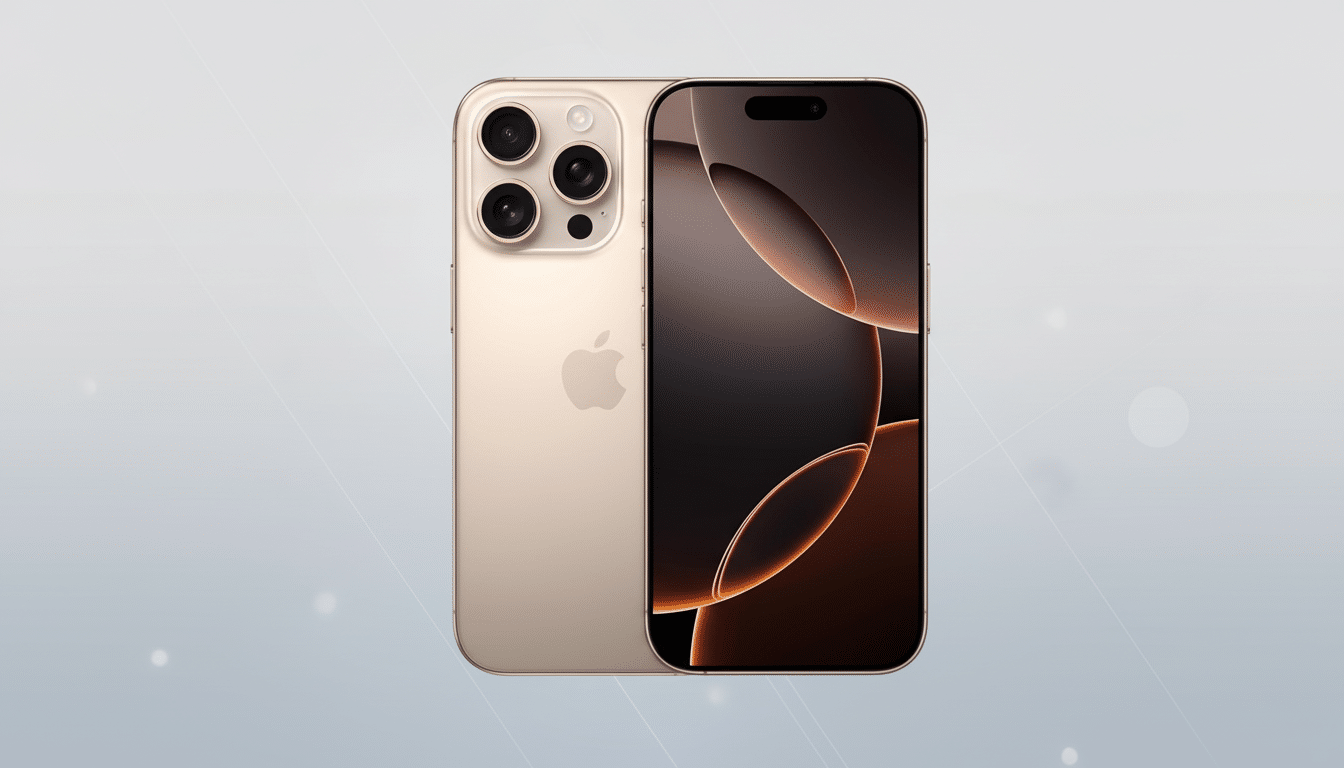 A gold iPhone 1 4 Pro Max, shown from the front and back, on a light gray background with subtle white circular patterns.