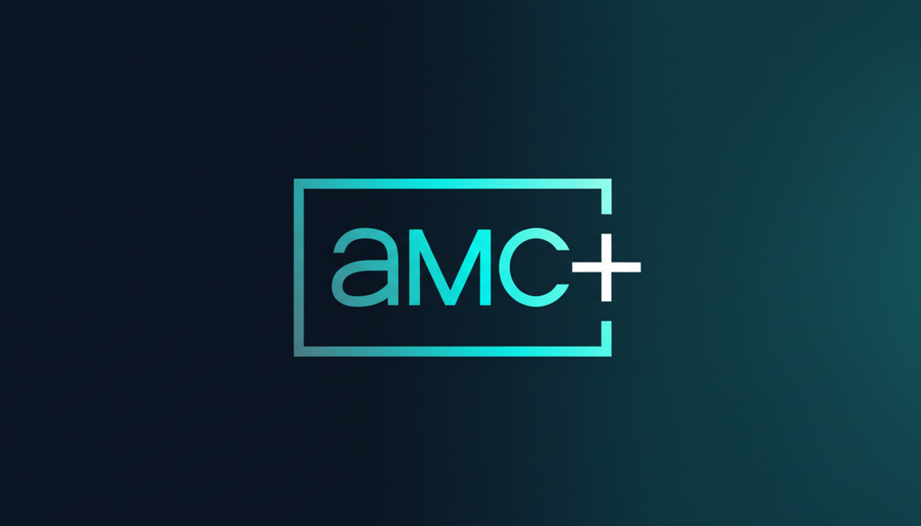 The AMC+ logo, featuring the letters aMC+ in a teal gradient, enclosed within a thin white rectangular outline, all set against a dark blue background with a subtle teal gradient.