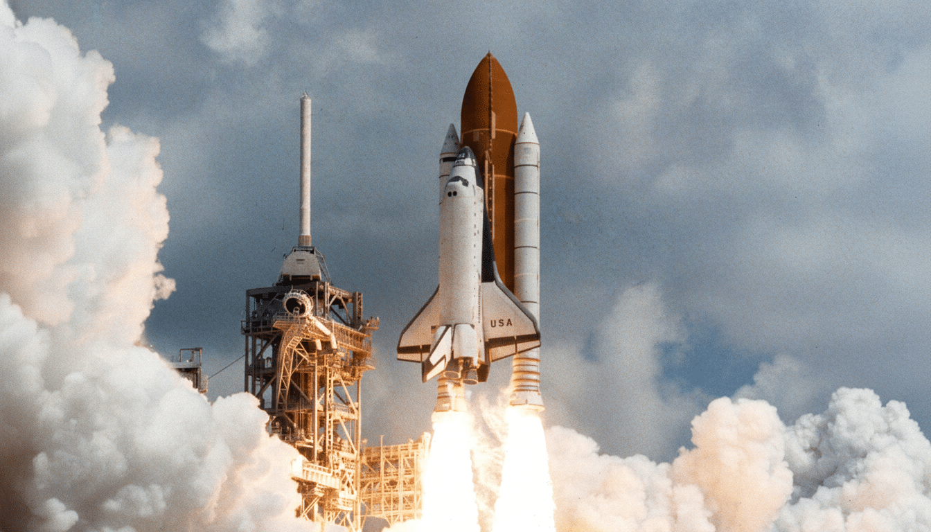 A professional 16:9 aspect ratio image of a Space Shuttle launching from a launch pad , with thick white smoke billowing from its engines against a cloudy sky .