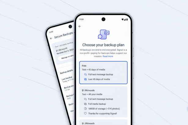 Two mobile phones displaying the Signal app s backup plan options, with one phone in the foreground showing Choose your backup plan and the other slig