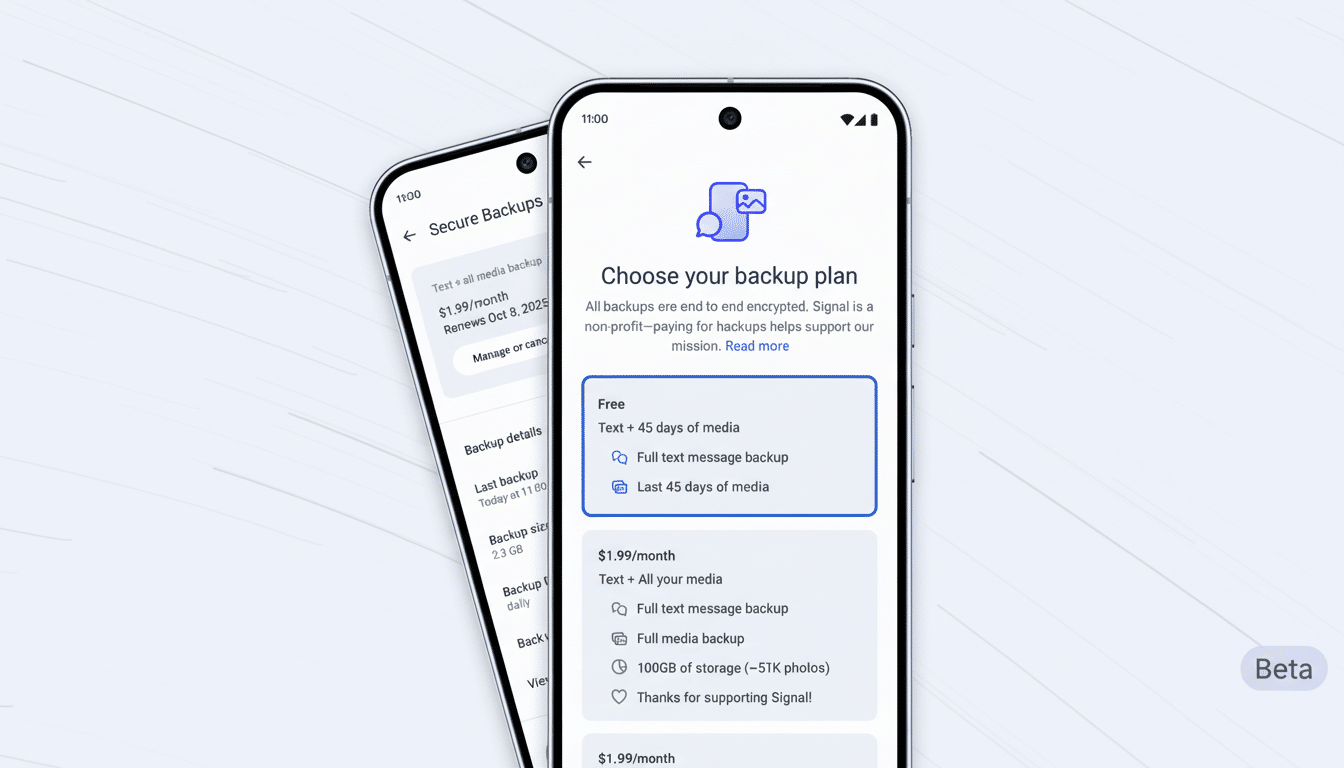 Two mobile phones displaying the Signal app s backup plan options, with one phone in the foreground showing Choose your backup plan and the other slig