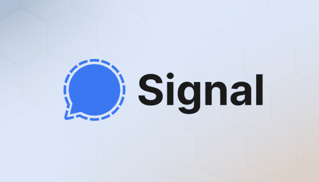 Signal app logo and text on a professional background with subtle hexagonal patterns.