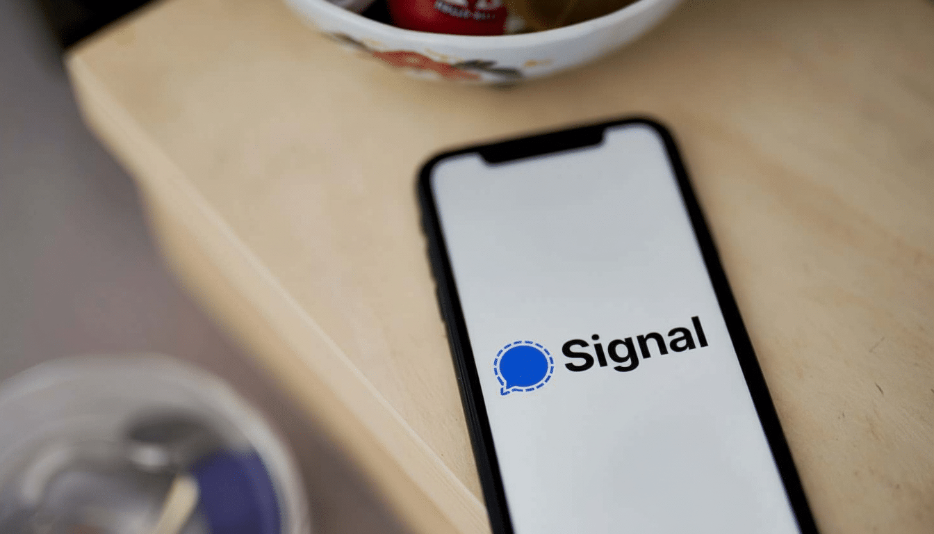 A smartphone displaying the Signal app logo on a wooden surface, with a blurred decorative bowl in the background.