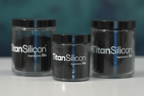 Three jars of Titan Silicon powder, with the largest jar on the left and right, and a smaller jar in the center, set against a subtle , blurred teal background, maintaining the original professional aesthetic .