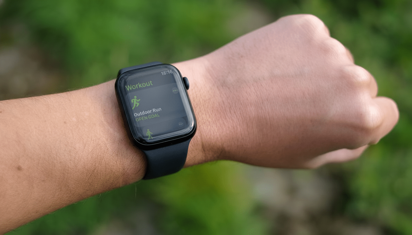 A close -up shot of a person's wrist wearing an Apple Watch , displaying the Workout app with Outdoor Run and Open Goal selected . The background is a natural, out -of-focus green. Filename : apple watchworkout app. png