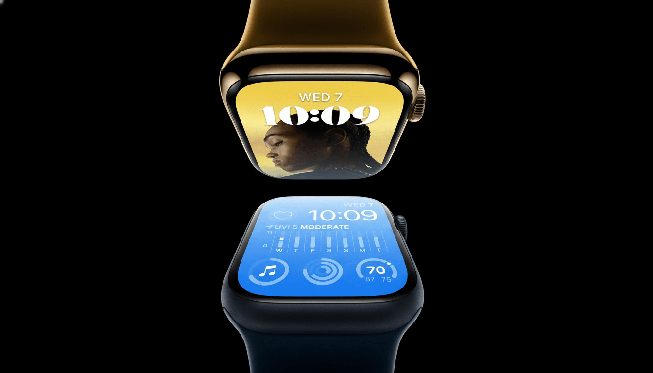 A professional shot of two Apple Watches, one gold and one dark blue, both displaying time and other app functions.
