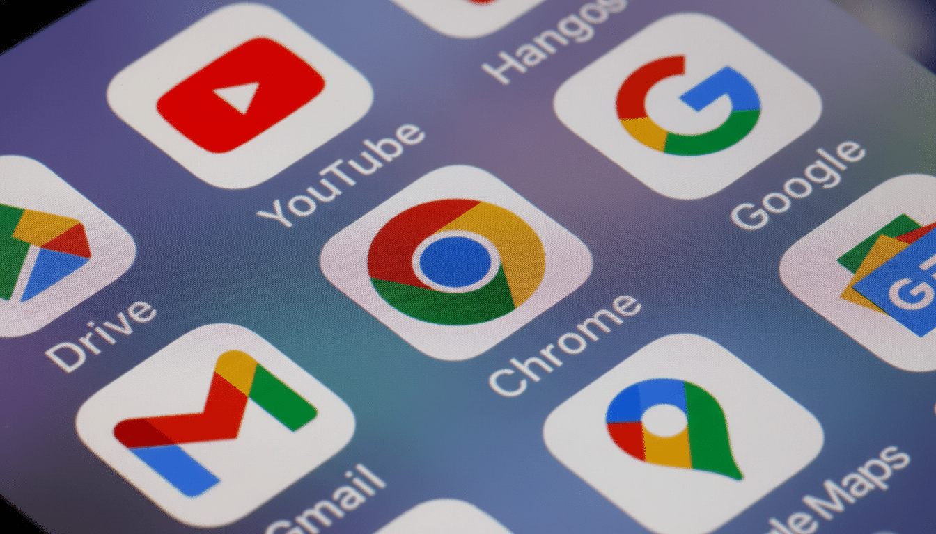 Close- up of a smartphone screen displaying various Google app icons including YouTube, Google, Chrome, Gmail, Drive, Hang outs, and Google Maps, pres