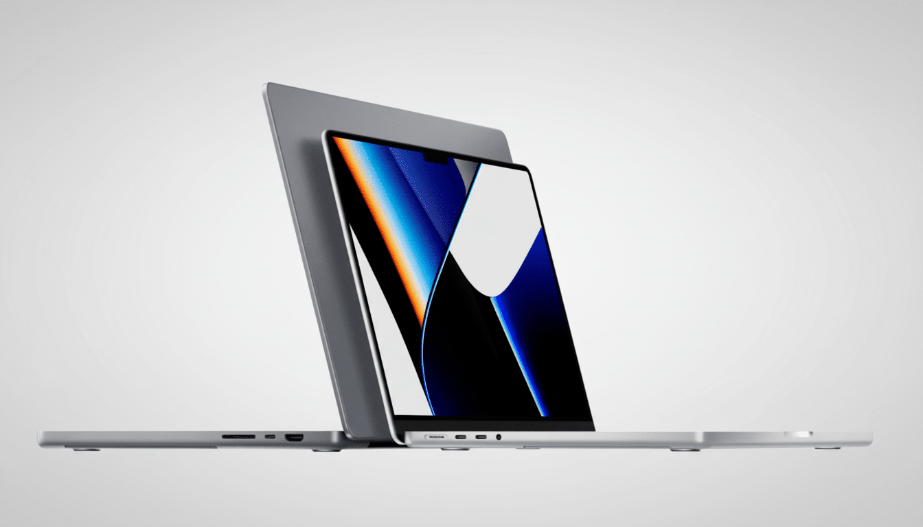 A professional , enhanced image of an open silver laptop leaning against a closed silver laptop, presented at a 16:9 aspect ratio. The screen of the open laptop displays a colorful abstract wallpaper .