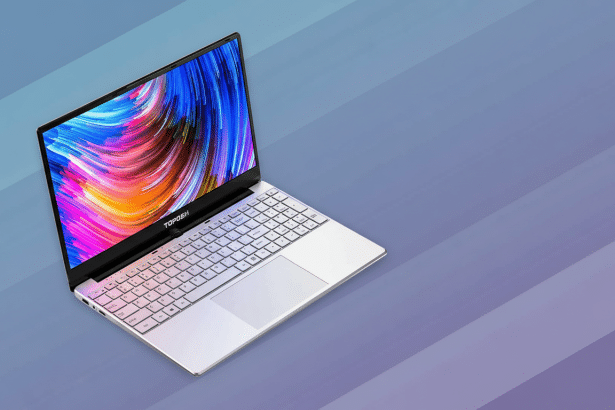 A silver laptop with a colorful abstract background on its screen, set against a professional flat design background with soft purple and blue striped patterns. Filename : silver laptopprofessional background.png