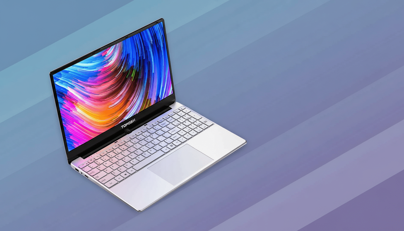 A silver laptop with a colorful abstract background on its screen, set against a professional flat design background with soft purple and blue striped patterns. Filename : silver laptopprofessional background.png