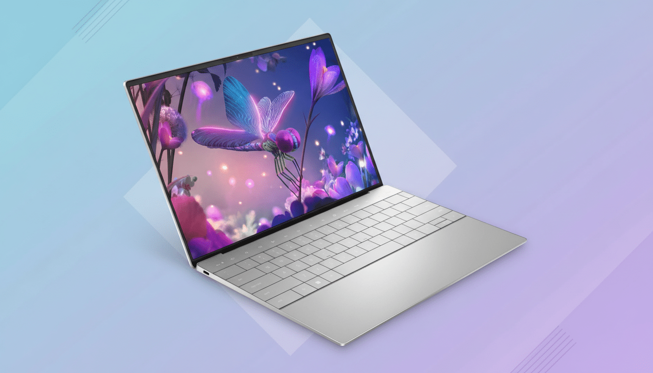 A silver laptop with a vibrant nature scene displayed on its screen, set against a professional soft blue and purple gradient background with subtle geometric patterns.