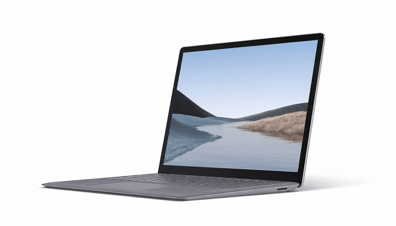 A professional shot of a silver laptop, slightly open , displaying a scenic desktop background of a river flowing through hills .