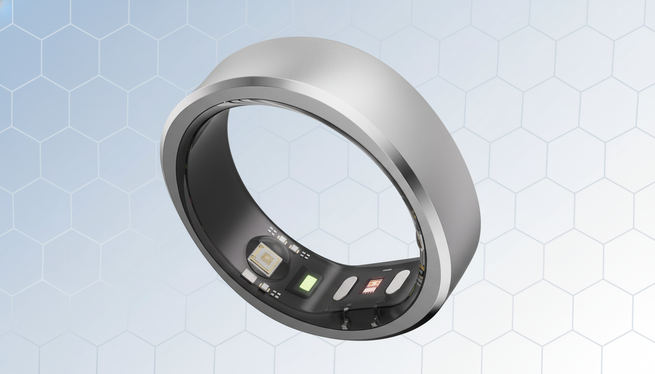 A professional 16:9 image of a silver smart ring with visible internal sensors and lights , against a light blue gradient background with subtle hexagonal patterns. Filename : silver smartring professionalbackground .png