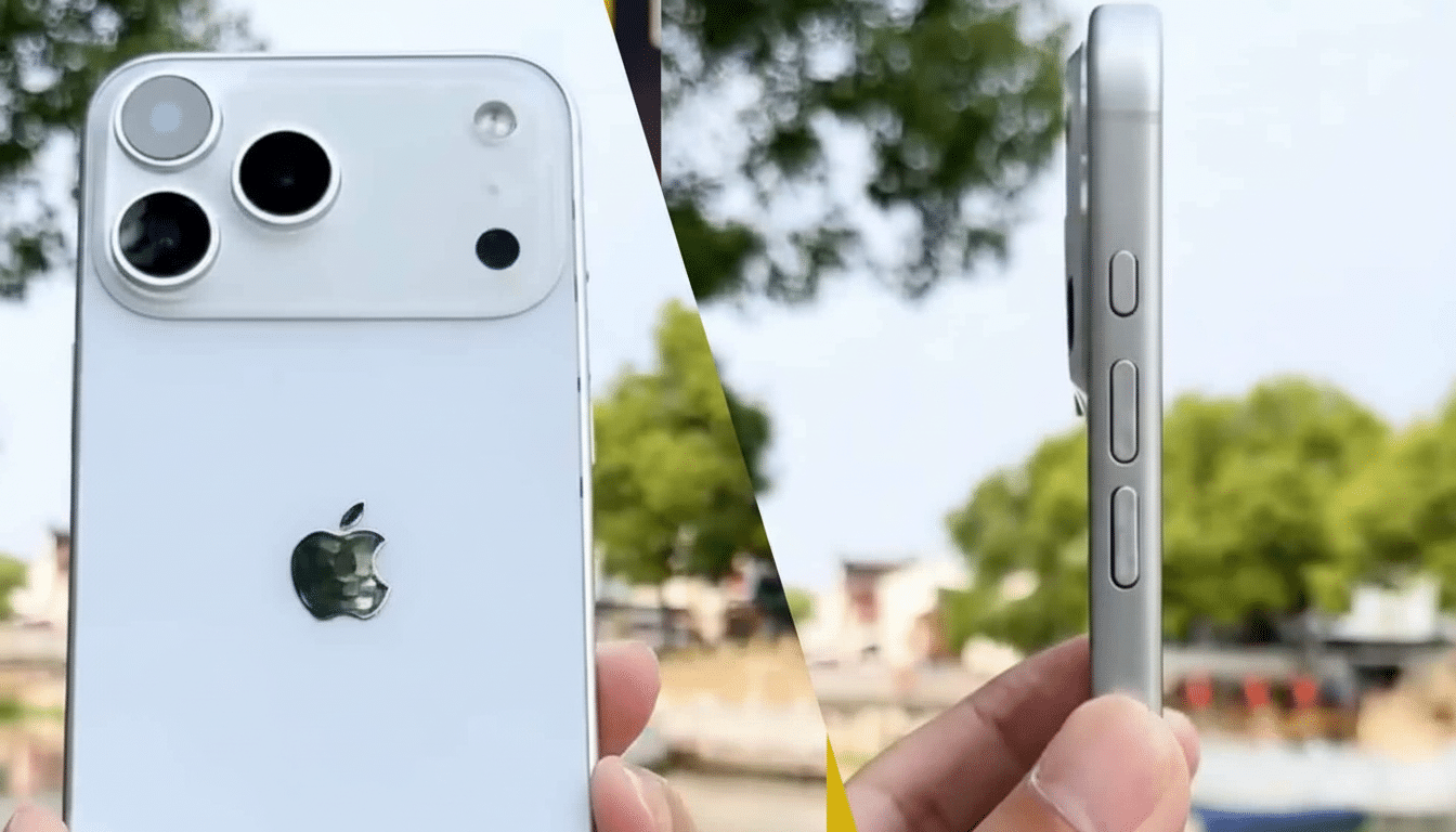 A silver smartphone, possibly an iPhone, with multiple camera lenses and the Apple logo visible on the back, held outdoors with a blurred natural back
