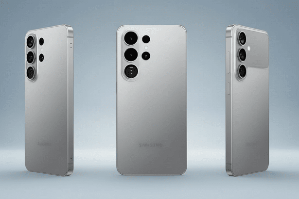 Three silver smartphones are displayed from different angles, showing their rear cameras and sleek design on a professional flat background with a subtle gradient. Filename : silver smartphones professional display .png