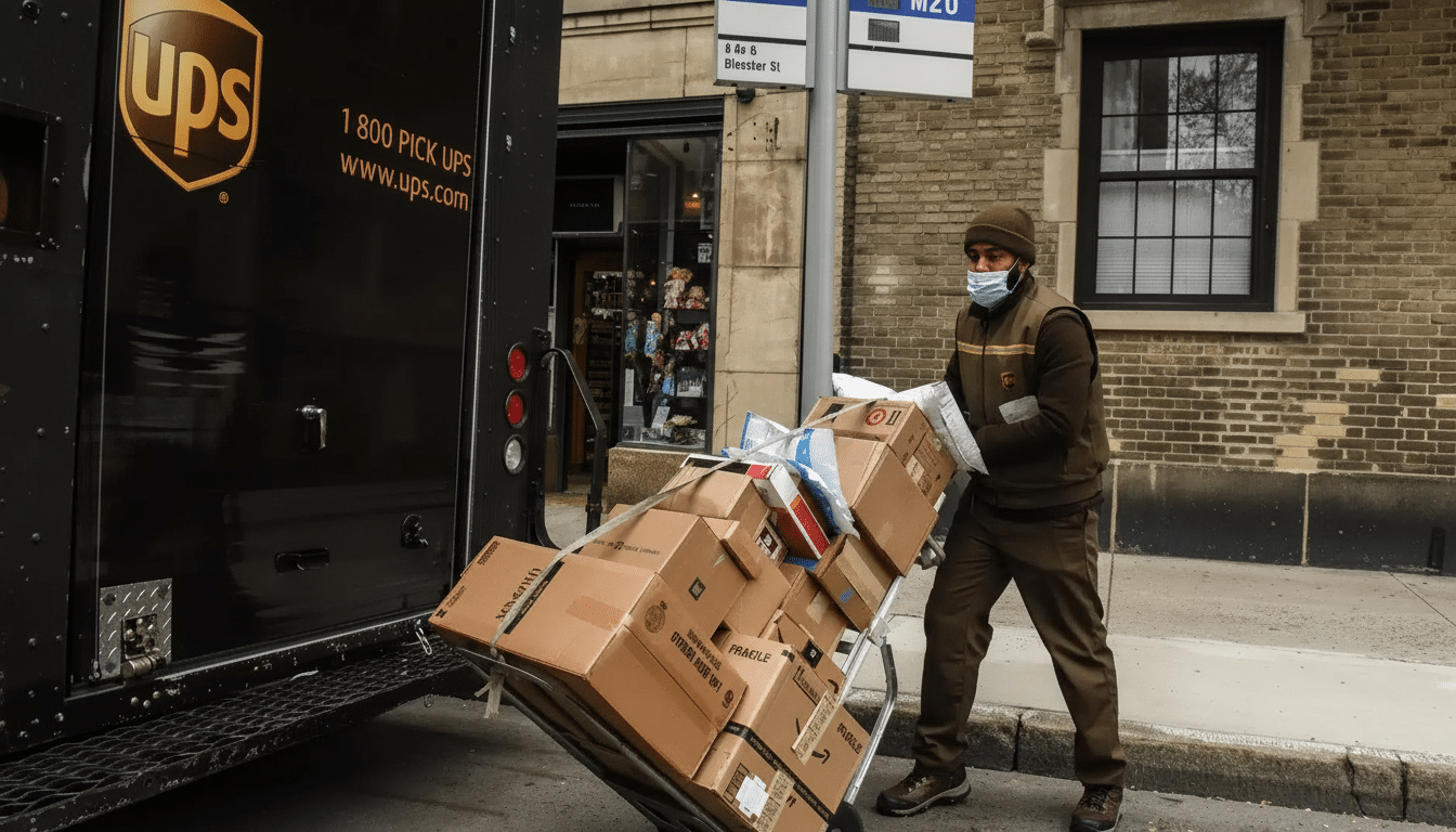A UPS delivery driver wearing a face mask pushes a hand truck loaded with packages next to a brown UPS truck on a city street.
