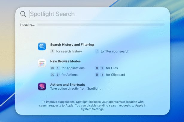 Screenshot of macOS Spotlight Search interface with search history, new browse modes, and actions and shortcuts options visible .