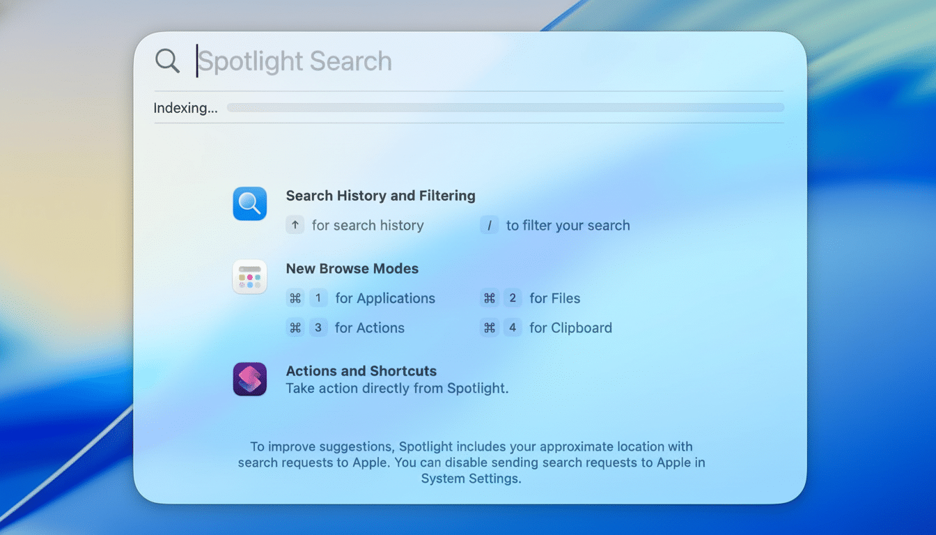 Screenshot of macOS Spotlight Search interface with search history, new browse modes, and actions and shortcuts options visible .