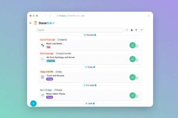 A professional , enhanced screenshot of the Don etick task management application , resized to a 1 6:9 aspect ratio. The application displays a to -do list with tasks categorized by urgency , including Overdue , Today, and In a week . The background has been updated to a soft, professional gradient.