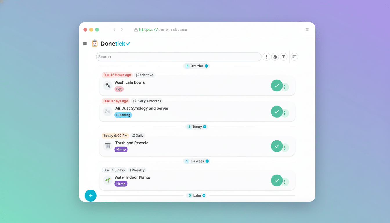 A professional , enhanced screenshot of the Don etick task management application , resized to a 1 6:9 aspect ratio. The application displays a to -do list with tasks categorized by urgency , including Overdue , Today, and In a week . The background has been updated to a soft, professional gradient.