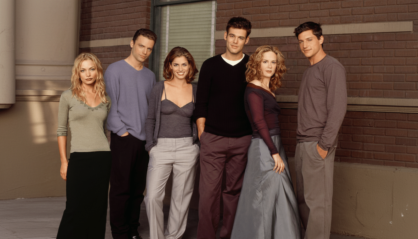 Six young adults, three men and three women , stand in a line against a brick building background. They are dressed in casual clothing .