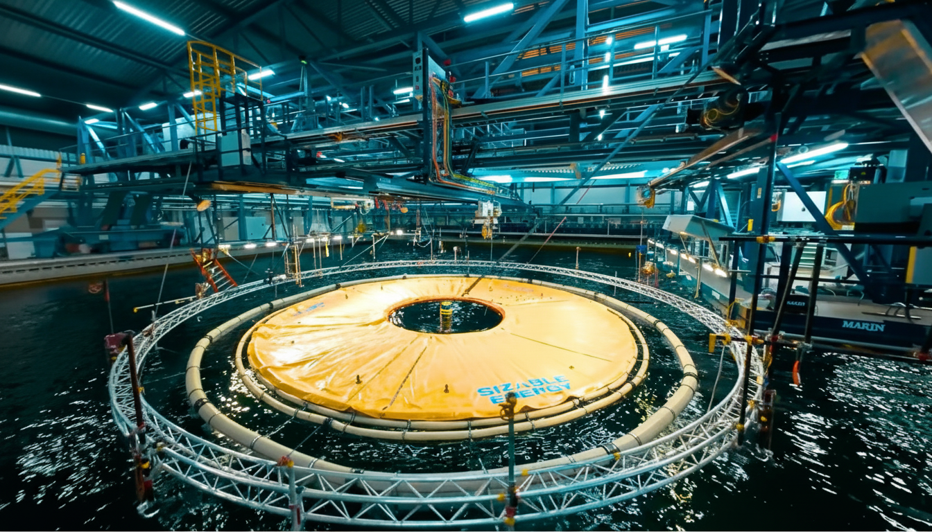 An indoor facility with a large water tank , showing a circular yellow floating device labeled SIZABLE ENERGY surrounded by a metal frame structure , with industrial walkways and equipment in the background.
